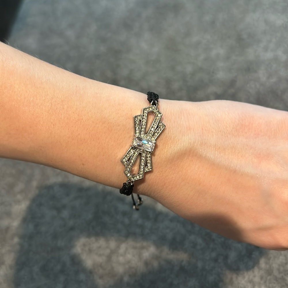 Women’s Expandable Black and Silver Art Deco Bracelet with Jewels/Rhinestones